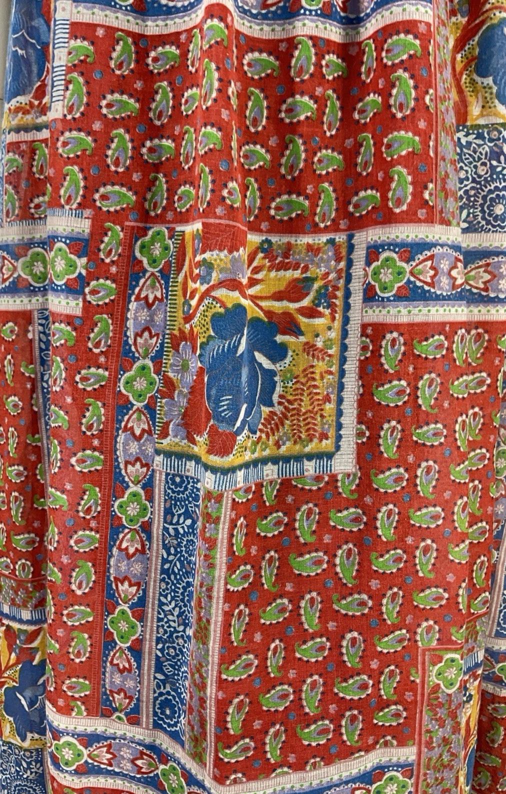 VTG 70S BLUE RED WHITE FLORAL PUFF SLEEVE LACE FLORAL PAISLEY BOHO DRESS 6 8