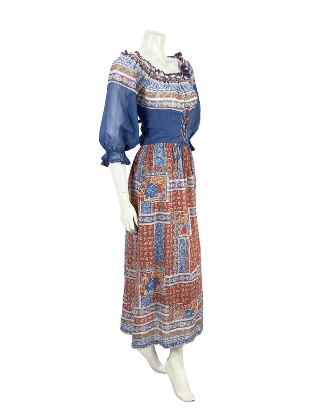 VTG 70S BLUE RED WHITE FLORAL PUFF SLEEVE LACE FLORAL PAISLEY BOHO DRESS 6 8