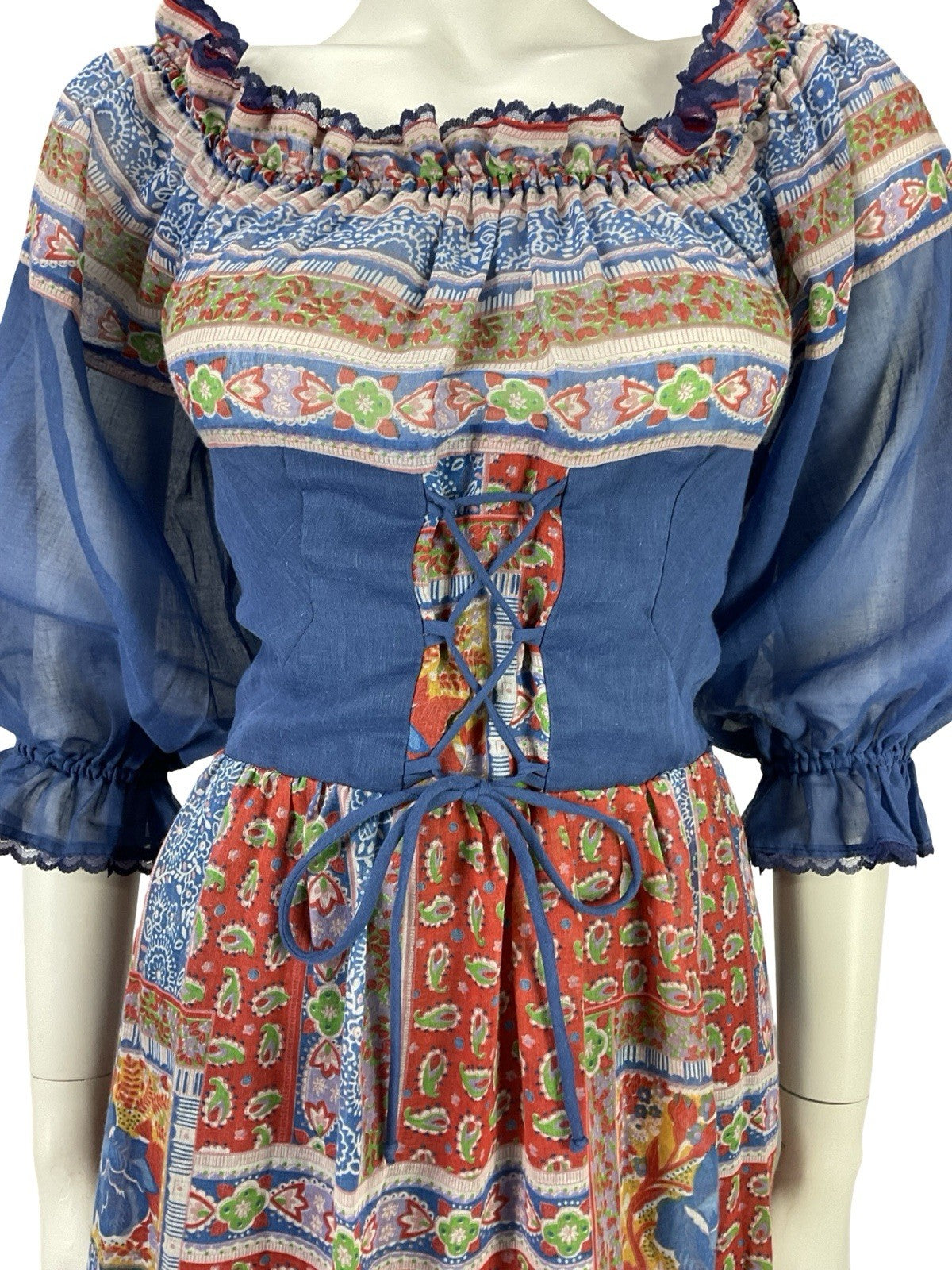VTG 70S BLUE RED WHITE FLORAL PUFF SLEEVE LACE FLORAL PAISLEY BOHO DRESS 6 8