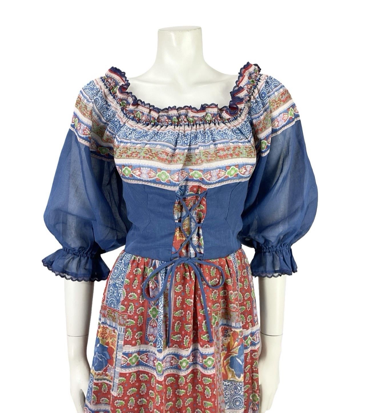 VTG 70S BLUE RED WHITE FLORAL PUFF SLEEVE LACE FLORAL PAISLEY BOHO DRESS 6 8
