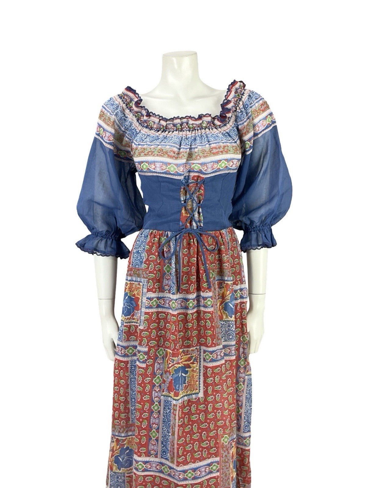 VTG 70S BLUE RED WHITE FLORAL PUFF SLEEVE LACE FLORAL PAISLEY BOHO DRESS 6 8