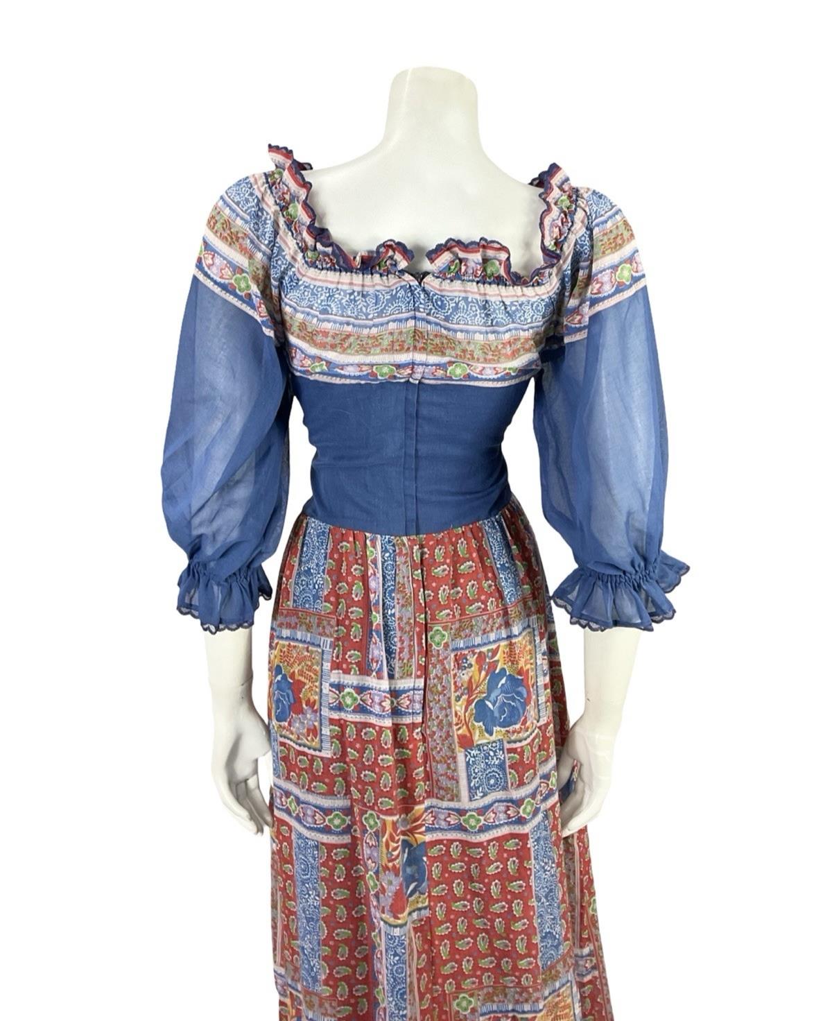 VTG 70S BLUE RED WHITE FLORAL PUFF SLEEVE LACE FLORAL PAISLEY BOHO DRESS 6 8