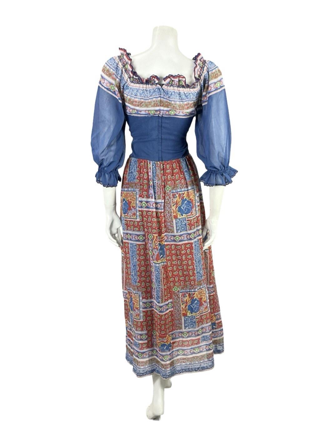 VTG 70S BLUE RED WHITE FLORAL PUFF SLEEVE LACE FLORAL PAISLEY BOHO DRESS 6 8