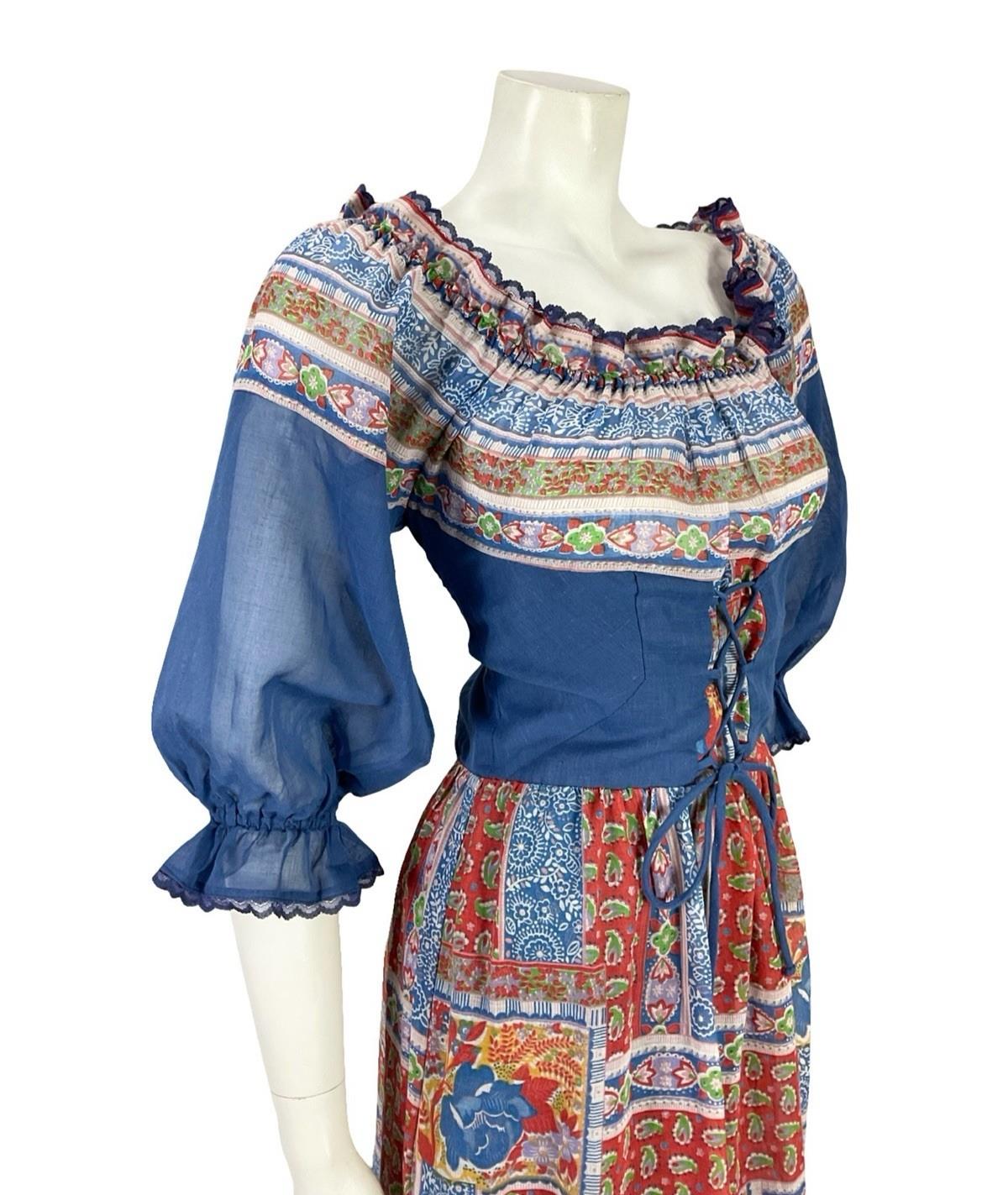 VTG 70S BLUE RED WHITE FLORAL PUFF SLEEVE LACE FLORAL PAISLEY BOHO DRESS 6 8