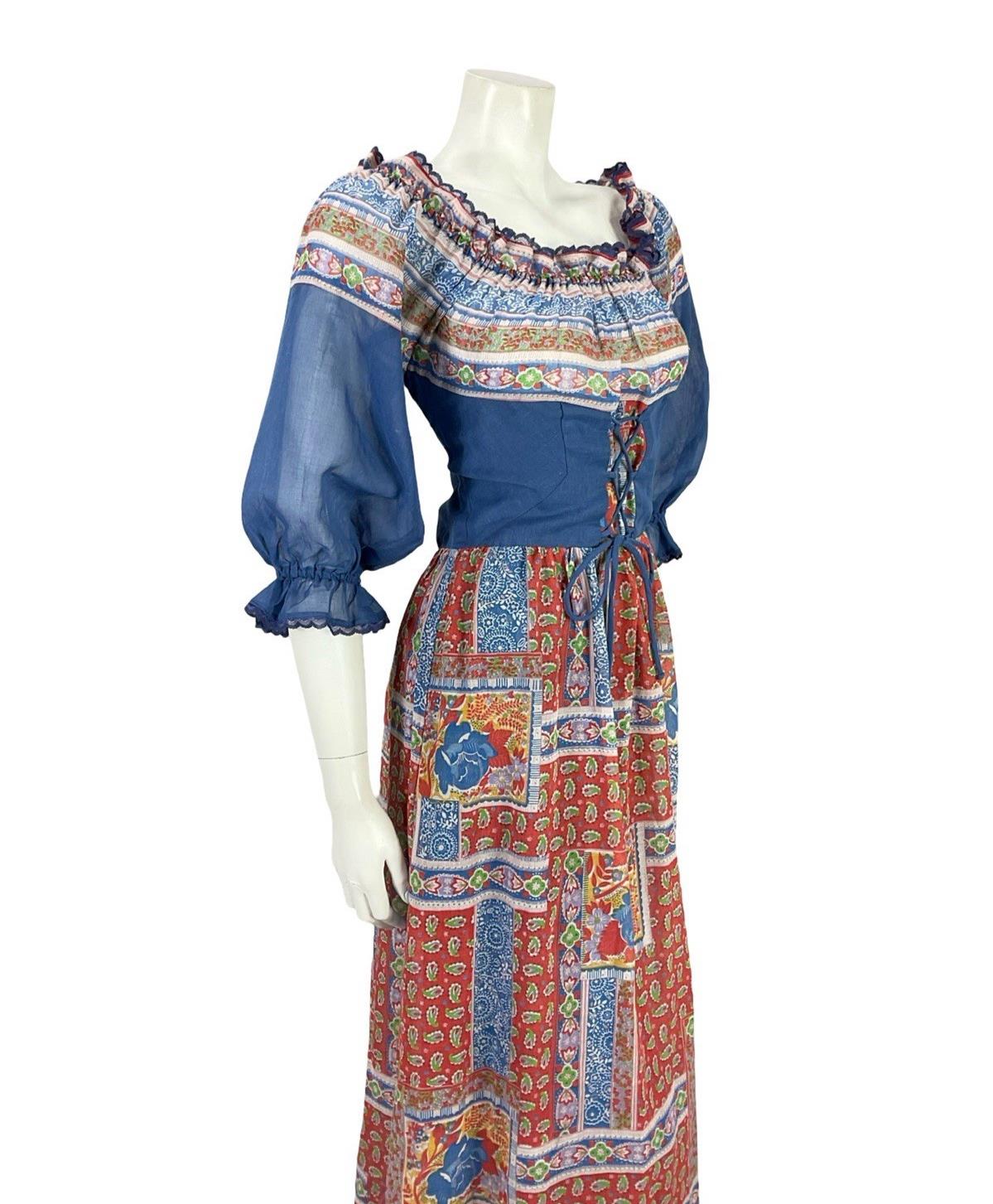 VTG 70S BLUE RED WHITE FLORAL PUFF SLEEVE LACE FLORAL PAISLEY BOHO DRESS 6 8