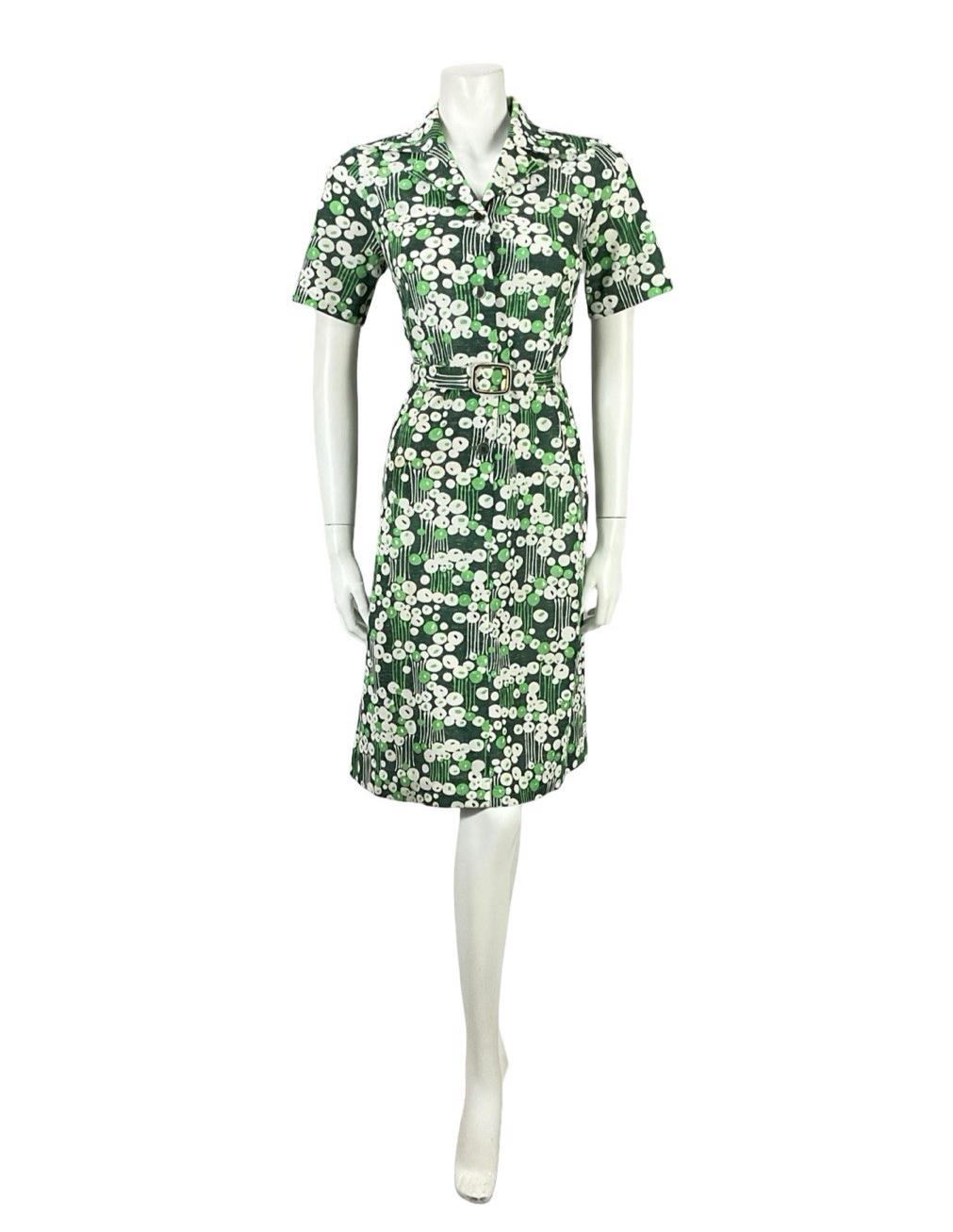 VTG 70S GREEN WHITE MOD GEOMETRIC DAGGER DOTTY STRIPED BELTED SHIRT DRESS 10