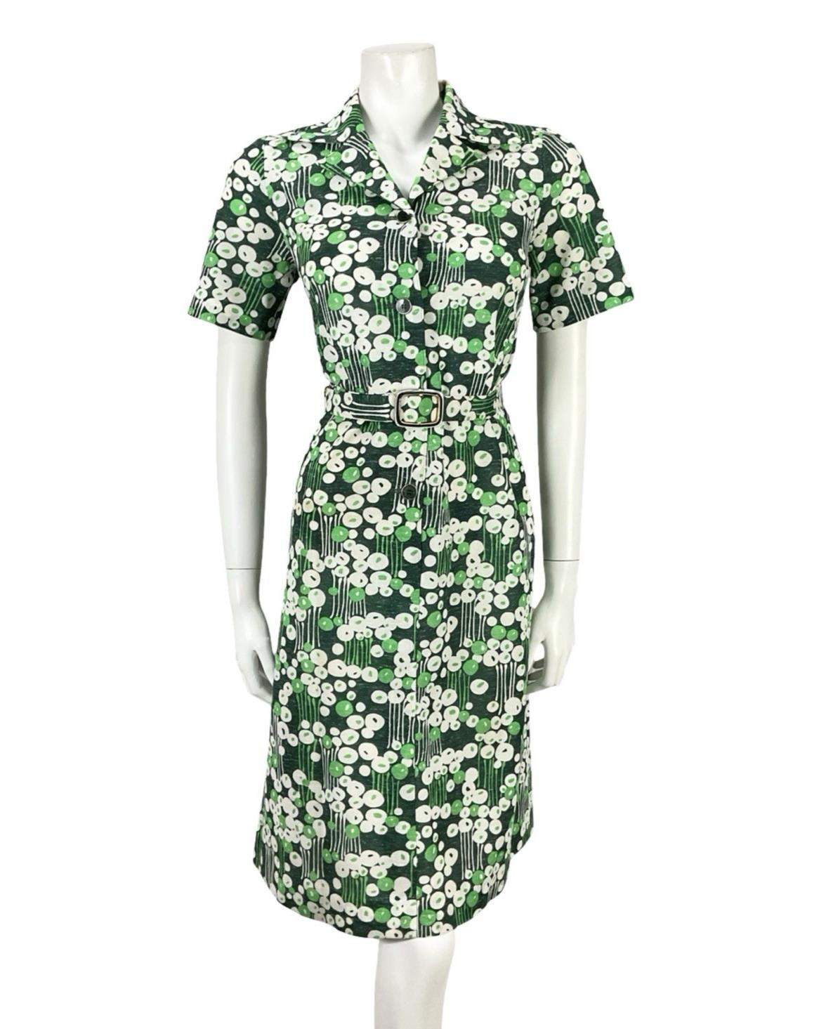 VTG 70S GREEN WHITE MOD GEOMETRIC DAGGER DOTTY STRIPED BELTED SHIRT DRESS 10