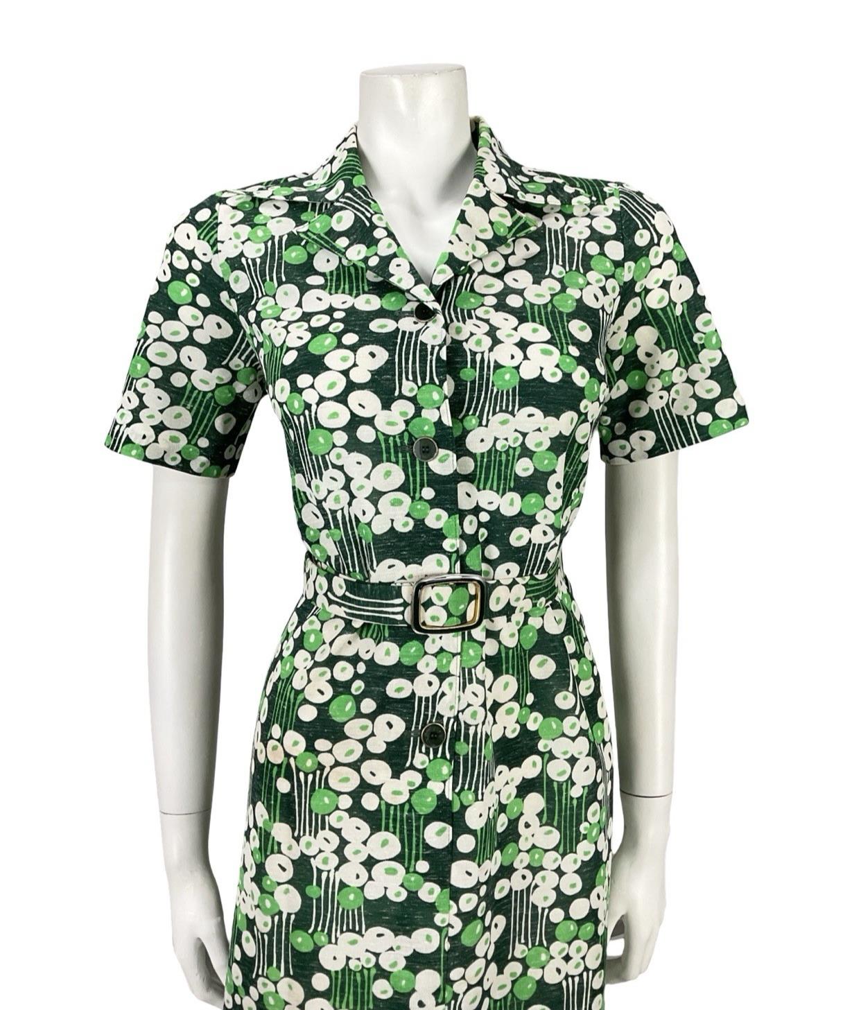 VTG 70S GREEN WHITE MOD GEOMETRIC DAGGER DOTTY STRIPED BELTED SHIRT DRESS 10