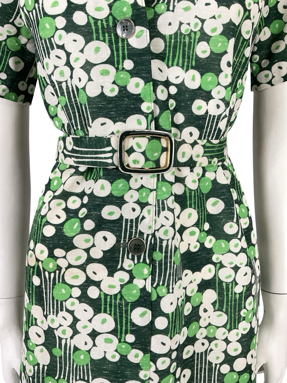 VTG 70S GREEN WHITE MOD GEOMETRIC DAGGER DOTTY STRIPED BELTED SHIRT DRESS 10