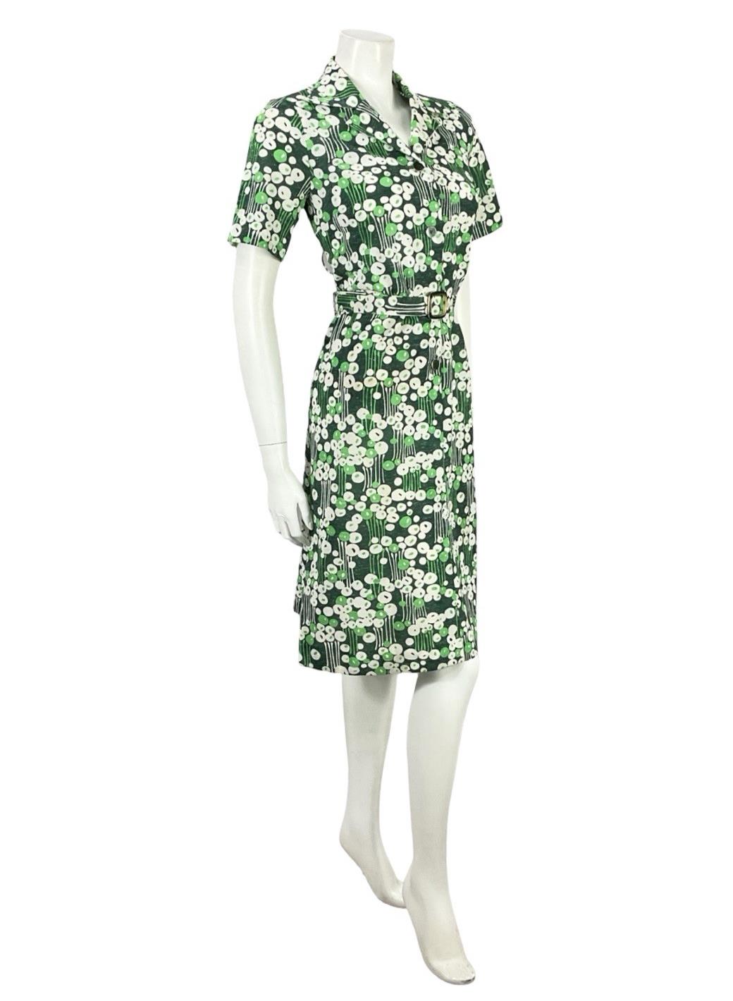 VTG 70S GREEN WHITE MOD GEOMETRIC DAGGER DOTTY STRIPED BELTED SHIRT DRESS 10