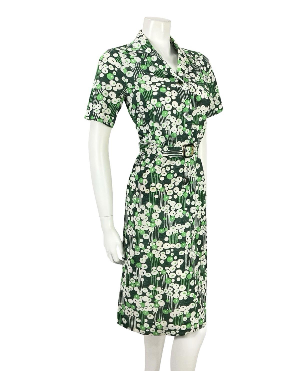 VTG 70S GREEN WHITE MOD GEOMETRIC DAGGER DOTTY STRIPED BELTED SHIRT DRESS 10