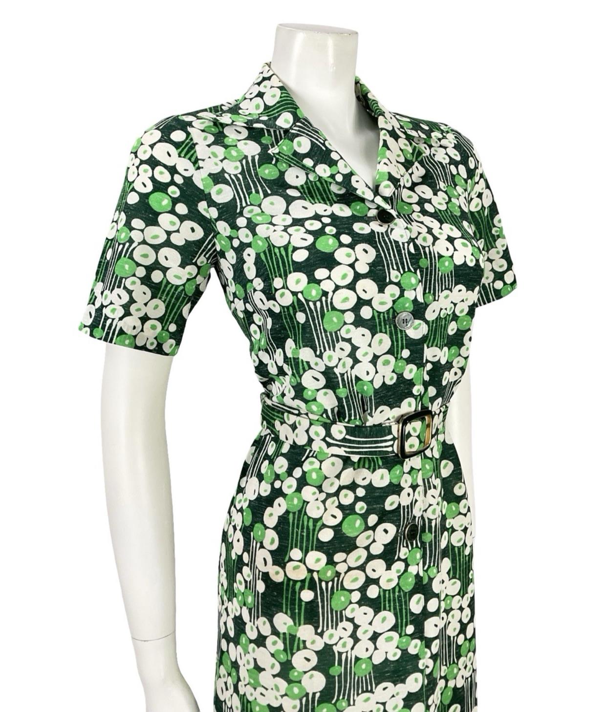 VTG 70S GREEN WHITE MOD GEOMETRIC DAGGER DOTTY STRIPED BELTED SHIRT DRESS 10