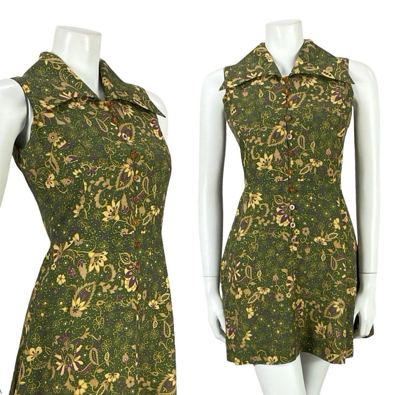 VTG JAPANESE 70S MOD GREEN PURPLE GOLD PSYCHEDELIC FLORAL DAGGER DRESS 6 8
