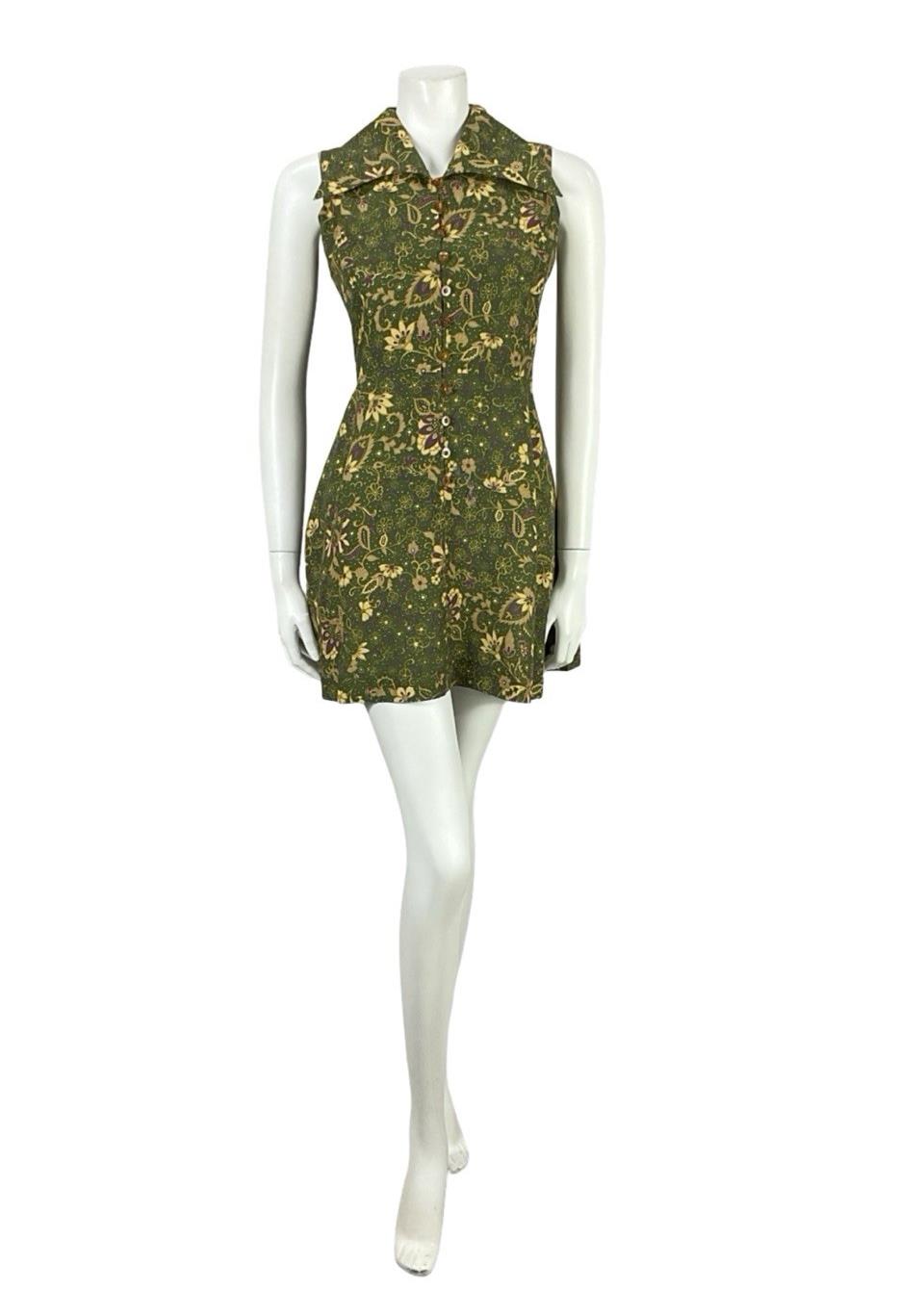 VTG JAPANESE 70S MOD GREEN PURPLE GOLD PSYCHEDELIC FLORAL DAGGER DRESS 6 8