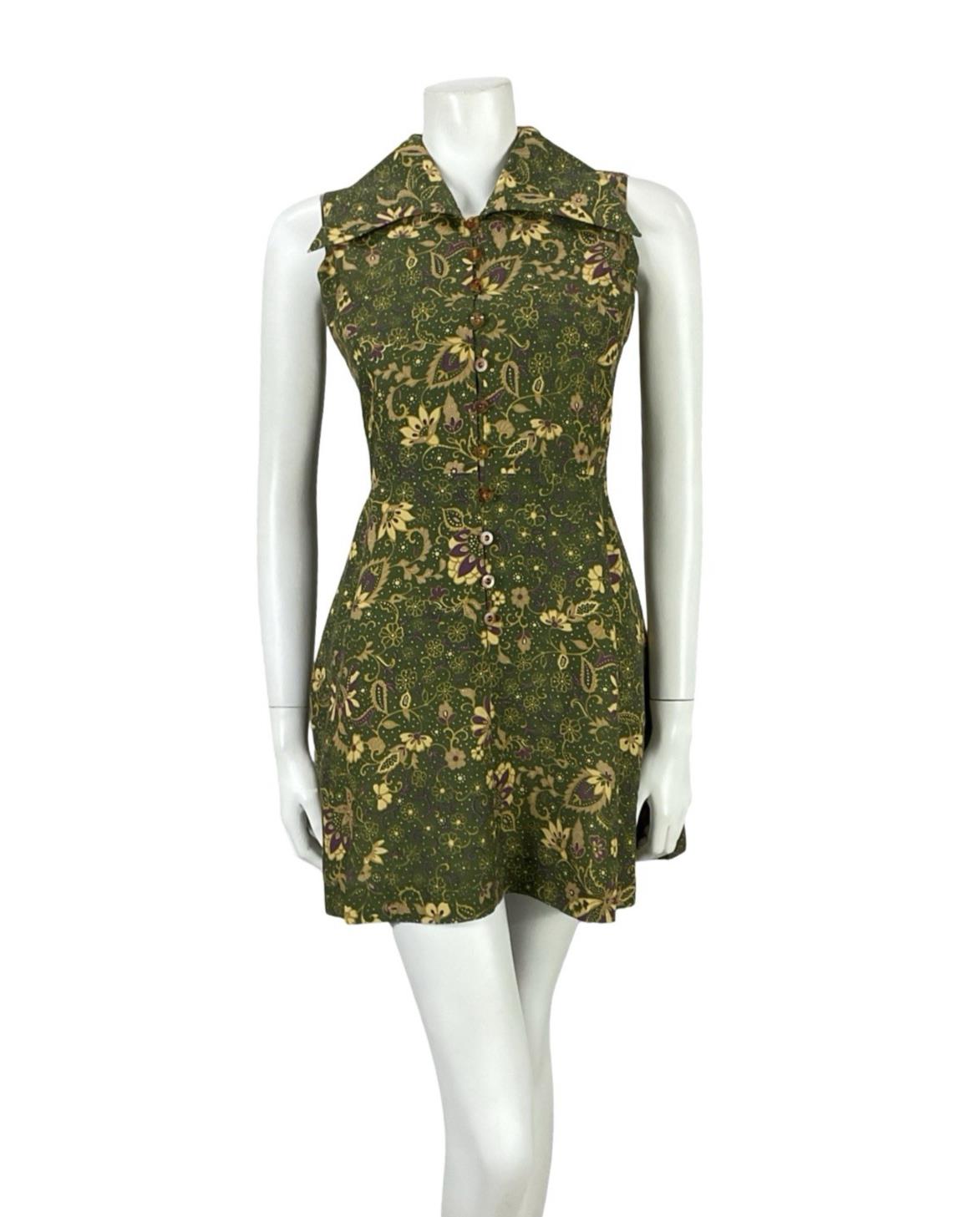 VTG JAPANESE 70S MOD GREEN PURPLE GOLD PSYCHEDELIC FLORAL DAGGER DRESS 6 8