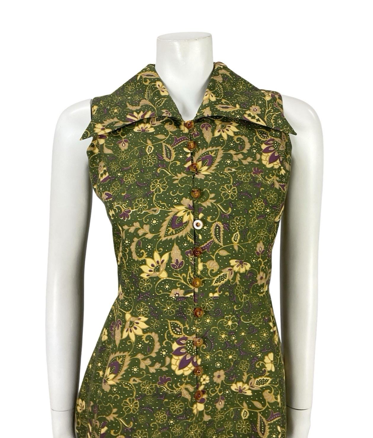 VTG JAPANESE 70S MOD GREEN PURPLE GOLD PSYCHEDELIC FLORAL DAGGER DRESS 6 8