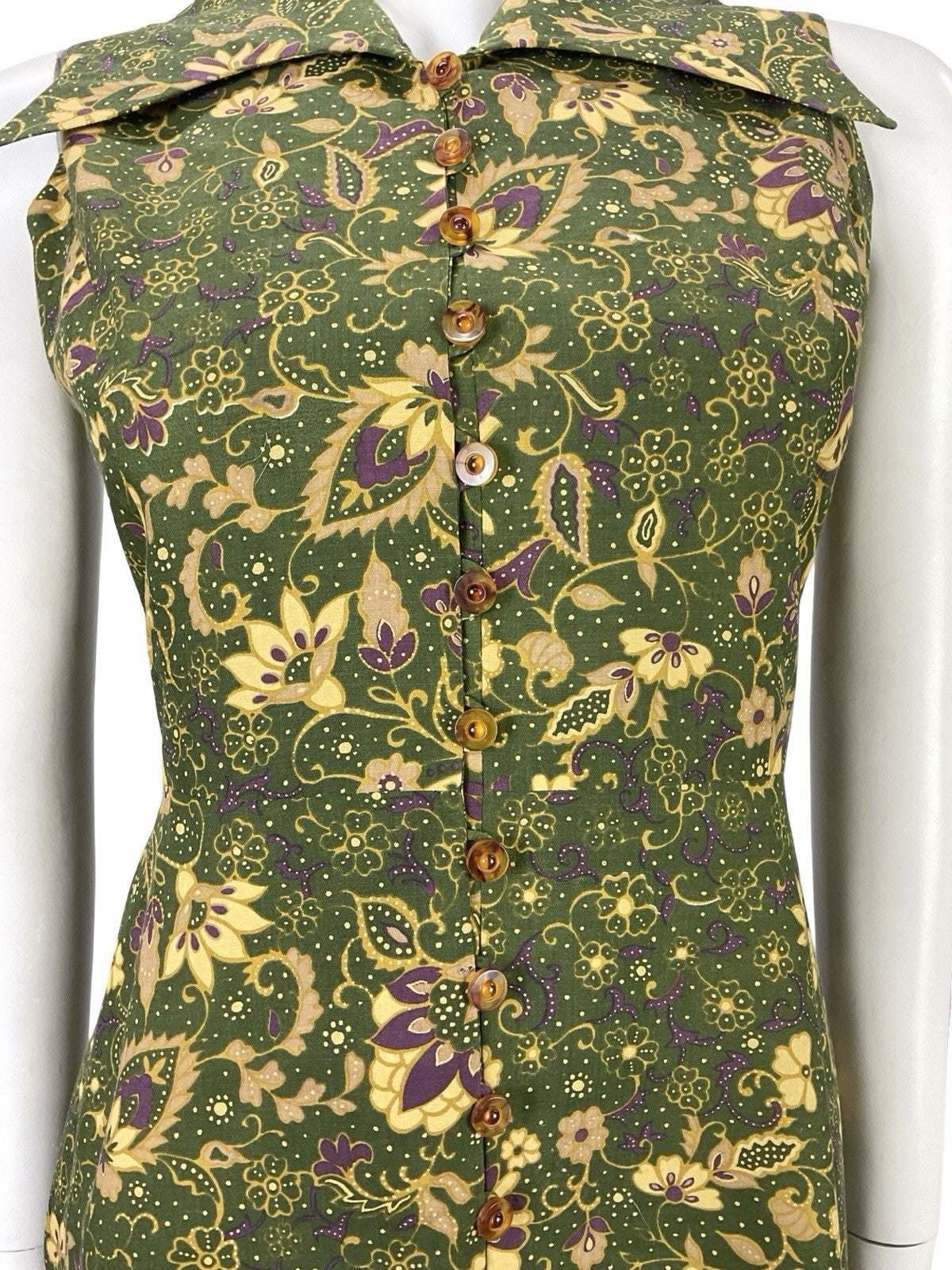VTG JAPANESE 70S MOD GREEN PURPLE GOLD PSYCHEDELIC FLORAL DAGGER DRESS 6 8