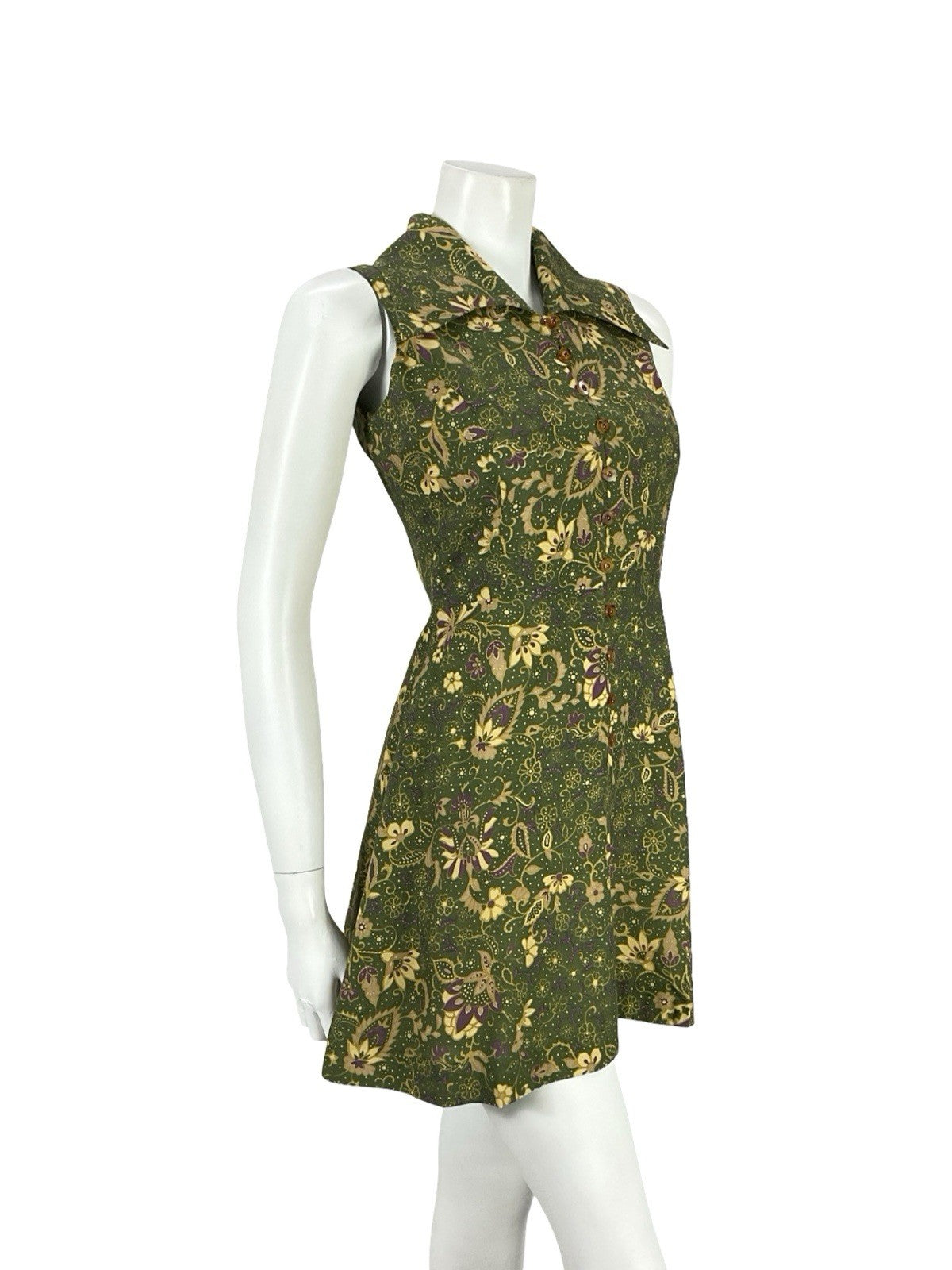 VTG JAPANESE 70S MOD GREEN PURPLE GOLD PSYCHEDELIC FLORAL DAGGER DRESS 6 8