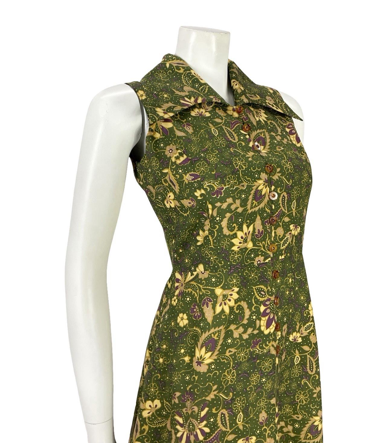 VTG JAPANESE 70S MOD GREEN PURPLE GOLD PSYCHEDELIC FLORAL DAGGER DRESS 6 8