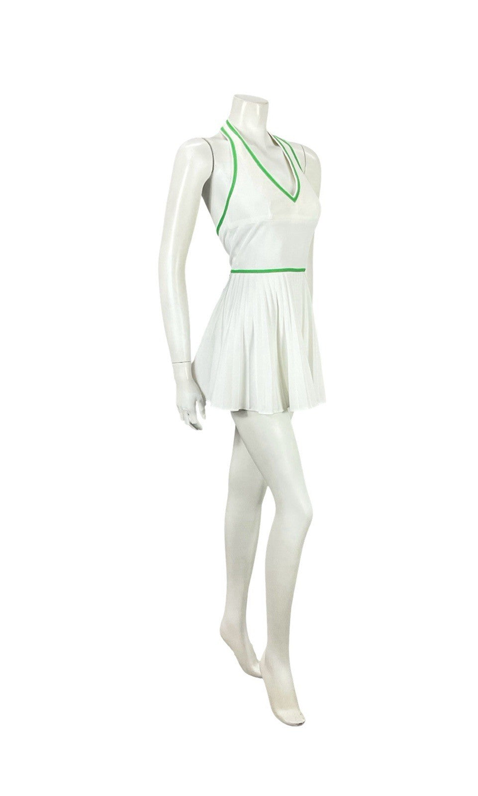 VTG 70S WHITE GREEN SPORTY MOD TENNIS PLEATED V NECK HALTER MICRO MINI DRESS 6