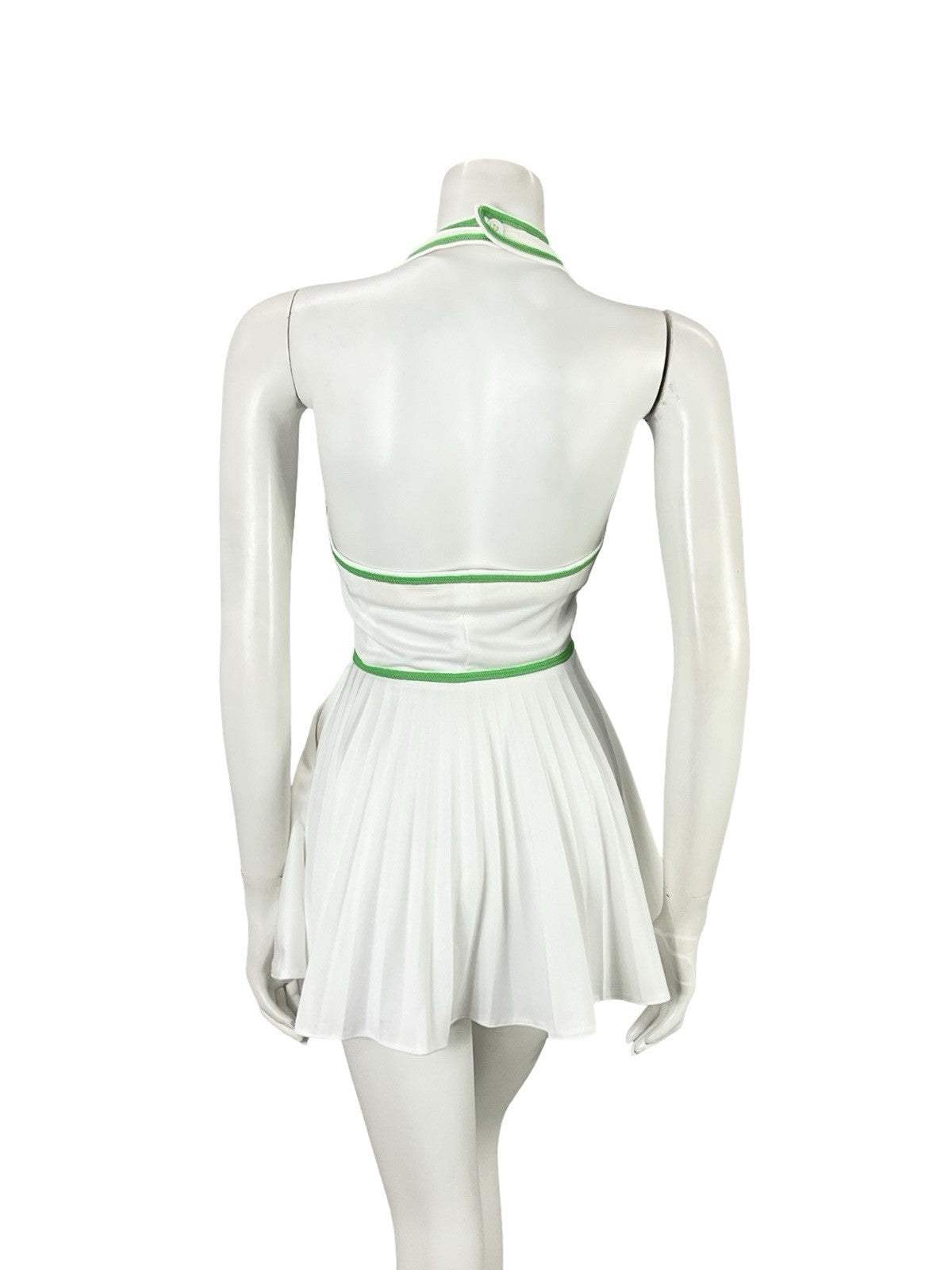 VTG 70S WHITE GREEN SPORTY MOD TENNIS PLEATED V NECK HALTER MICRO MINI DRESS 6