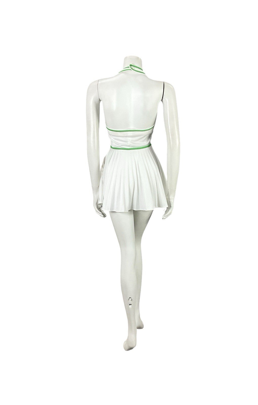 VTG 70S WHITE GREEN SPORTY MOD TENNIS PLEATED V NECK HALTER MICRO MINI DRESS 6