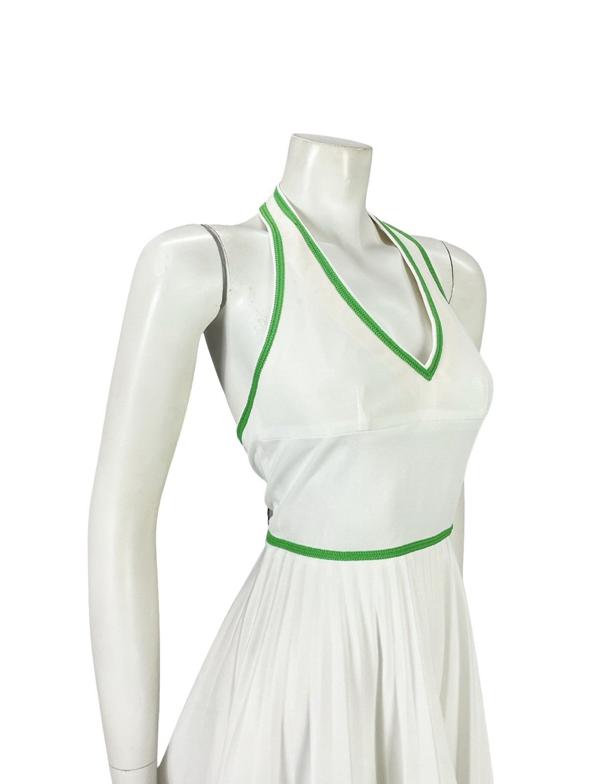 VTG 70S WHITE GREEN SPORTY MOD TENNIS PLEATED V NECK HALTER MICRO MINI DRESS 6