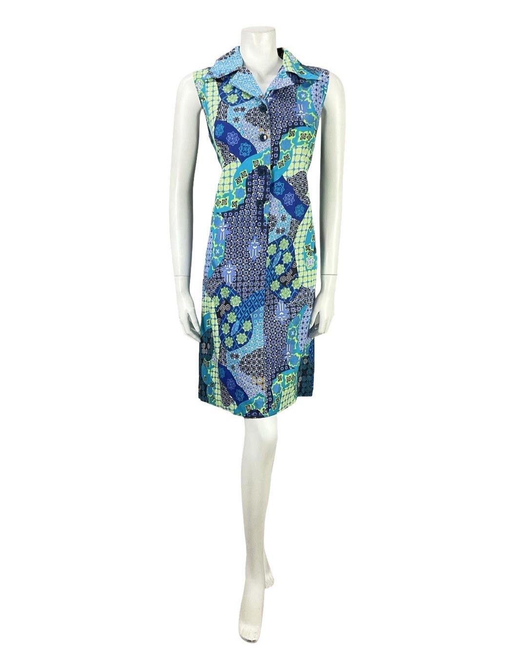 VTG 70S BLUE GREEN BLACK WHITE PSYCHEDELIC GEOMETRIC SHIFT DAGGER SHIRT DRESS 12