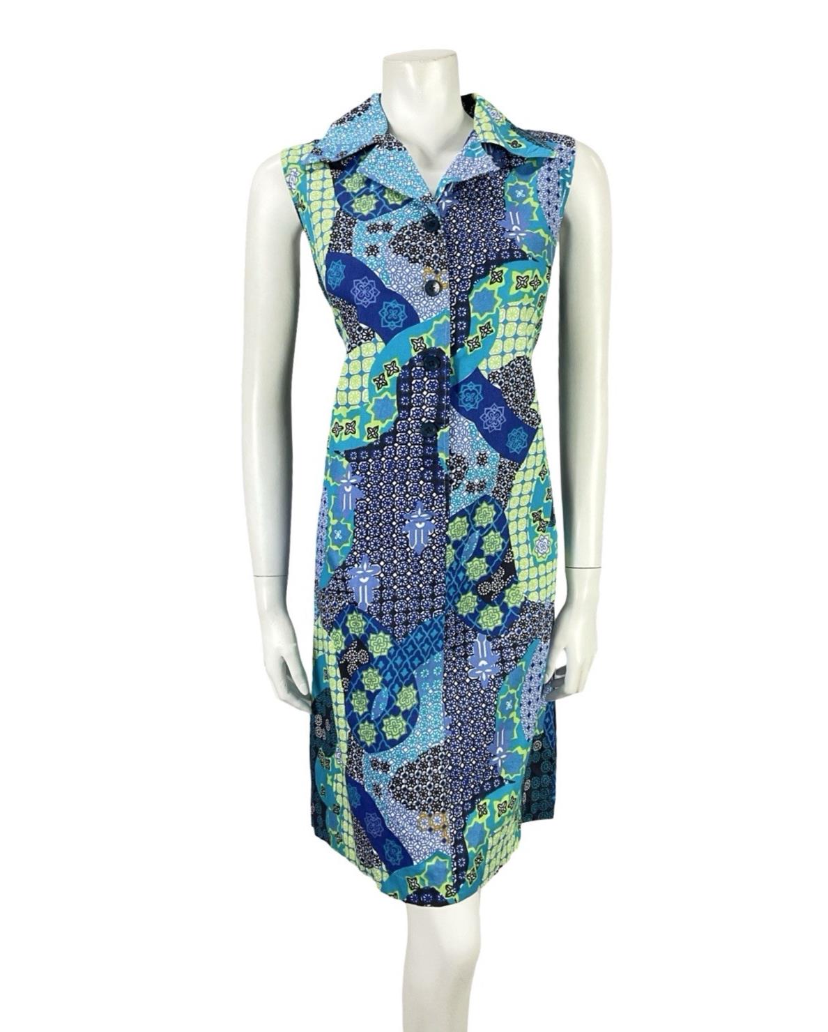 VTG 70S BLUE GREEN BLACK WHITE PSYCHEDELIC GEOMETRIC SHIFT DAGGER SHIRT DRESS 12