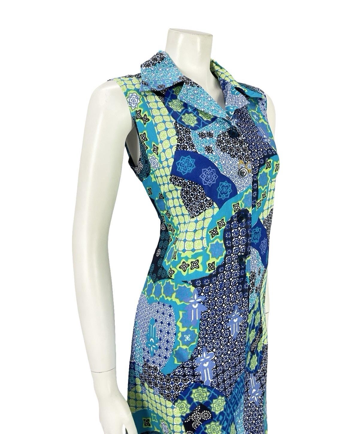 VTG 70S BLUE GREEN BLACK WHITE PSYCHEDELIC GEOMETRIC SHIFT DAGGER SHIRT DRESS 12