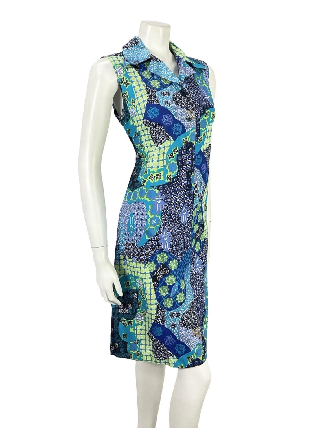 VTG 70S BLUE GREEN BLACK WHITE PSYCHEDELIC GEOMETRIC SHIFT DAGGER SHIRT DRESS 12