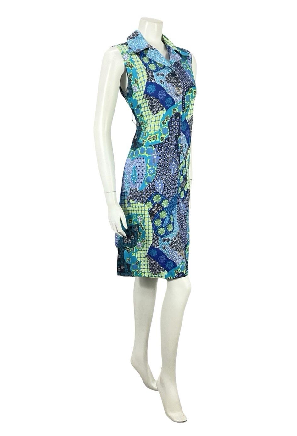 VTG 70S BLUE GREEN BLACK WHITE PSYCHEDELIC GEOMETRIC SHIFT DAGGER SHIRT DRESS 12