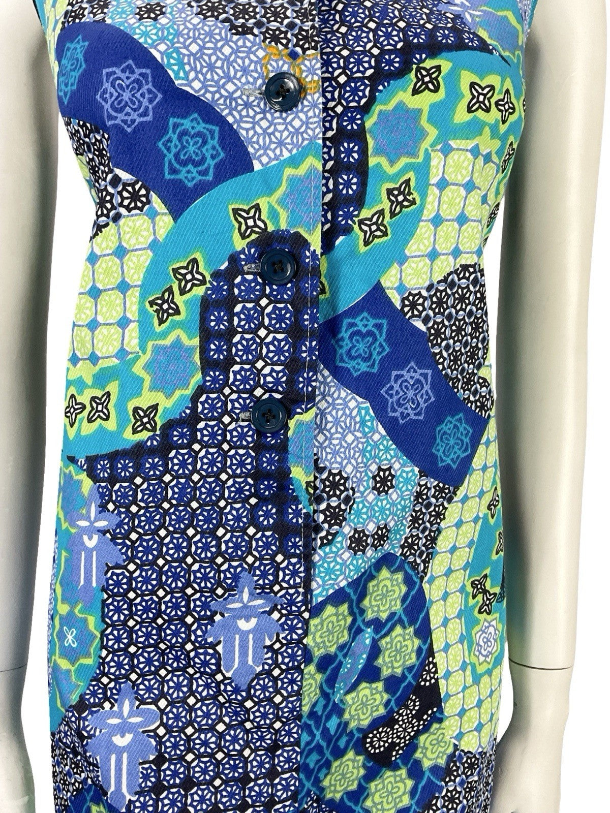 VTG 70S BLUE GREEN BLACK WHITE PSYCHEDELIC GEOMETRIC SHIFT DAGGER SHIRT DRESS 12