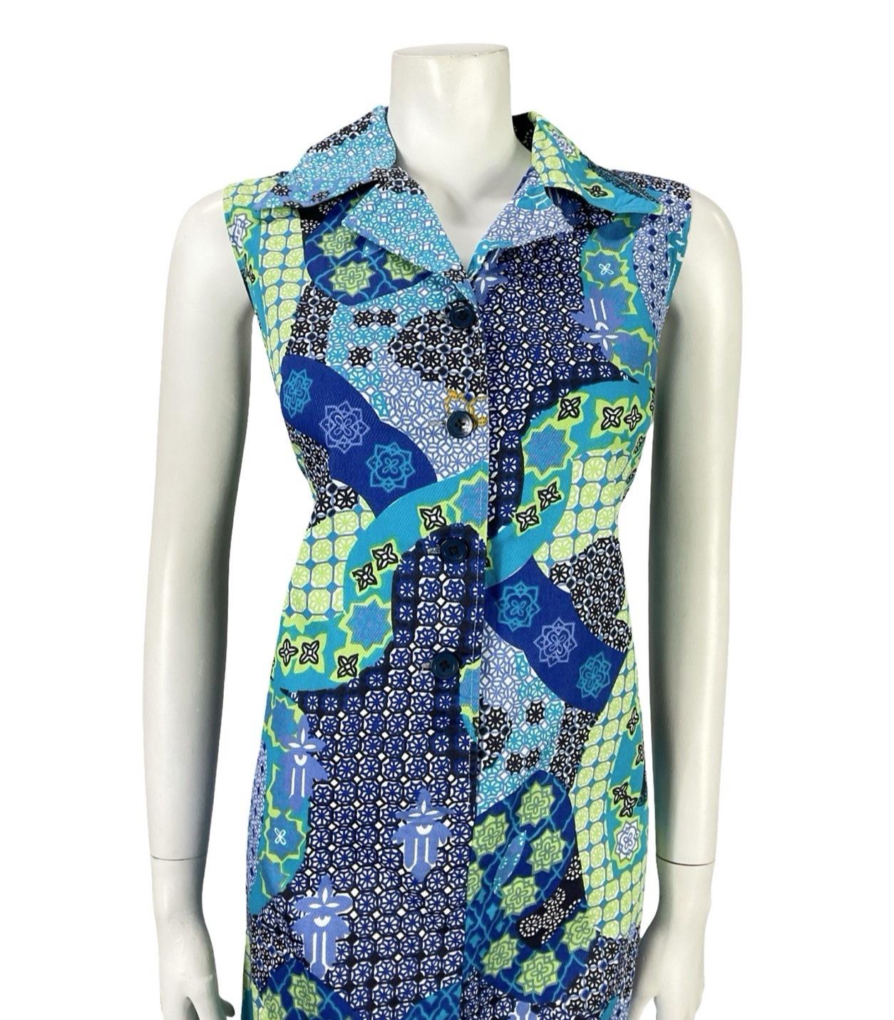 VTG 70S BLUE GREEN BLACK WHITE PSYCHEDELIC GEOMETRIC SHIFT DAGGER SHIRT DRESS 12