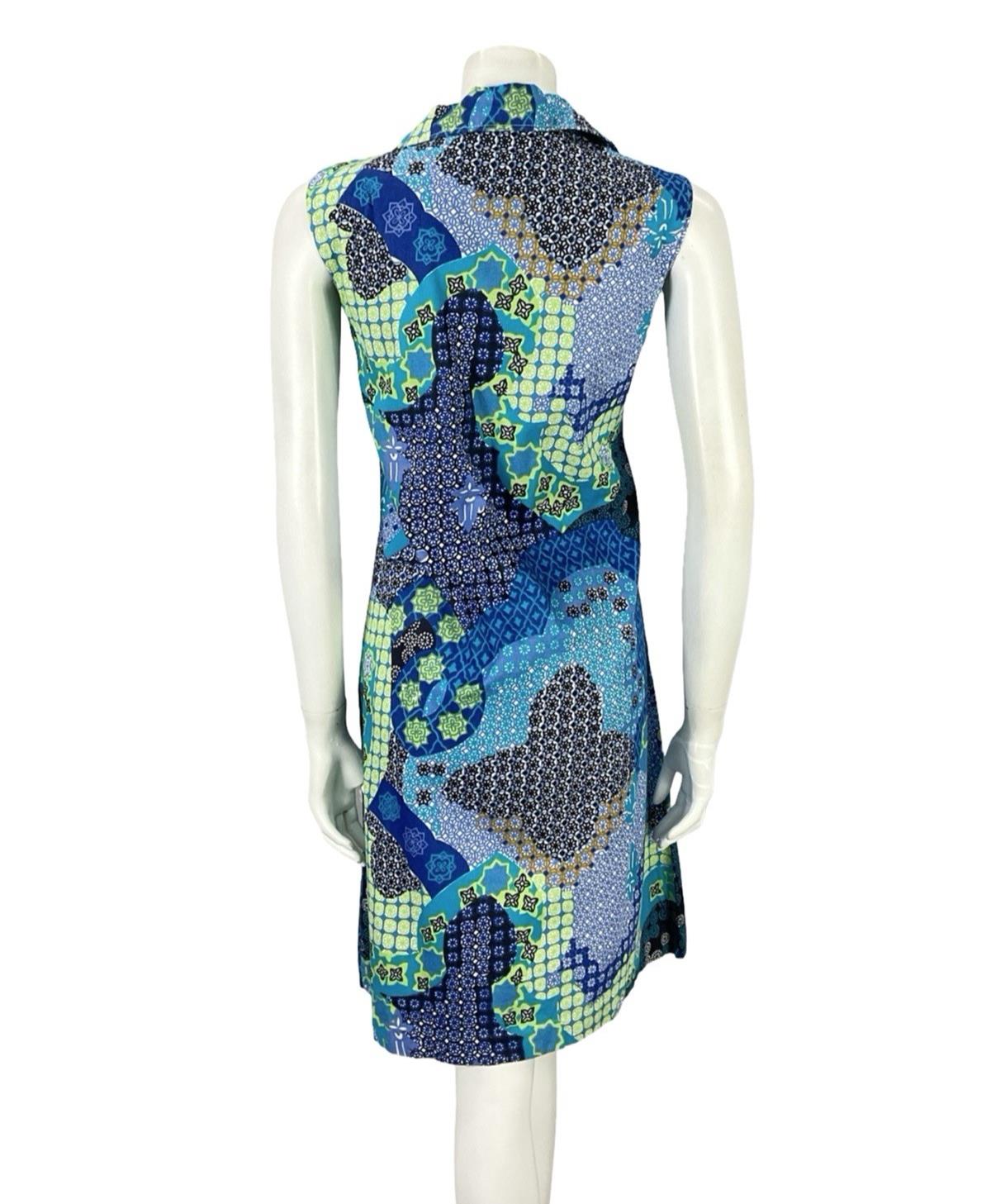 VTG 70S BLUE GREEN BLACK WHITE PSYCHEDELIC GEOMETRIC SHIFT DAGGER SHIRT DRESS 12