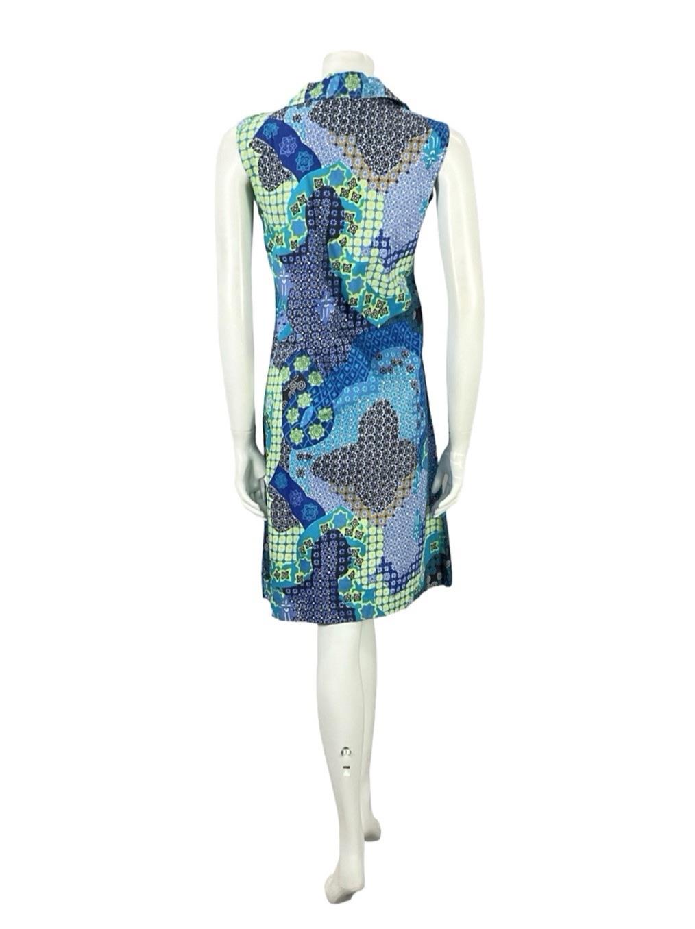 VTG 70S BLUE GREEN BLACK WHITE PSYCHEDELIC GEOMETRIC SHIFT DAGGER SHIRT DRESS 12