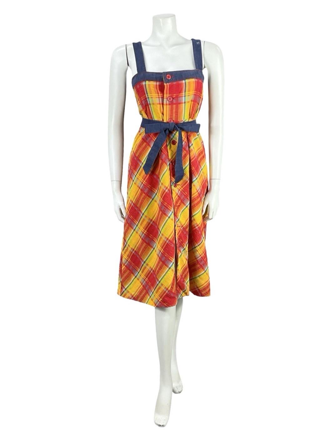 VTG 70S BLUE RED YELLOW TIE WAIST PLAID COTTAGE STRAPPY PINAFORE DRESS 8