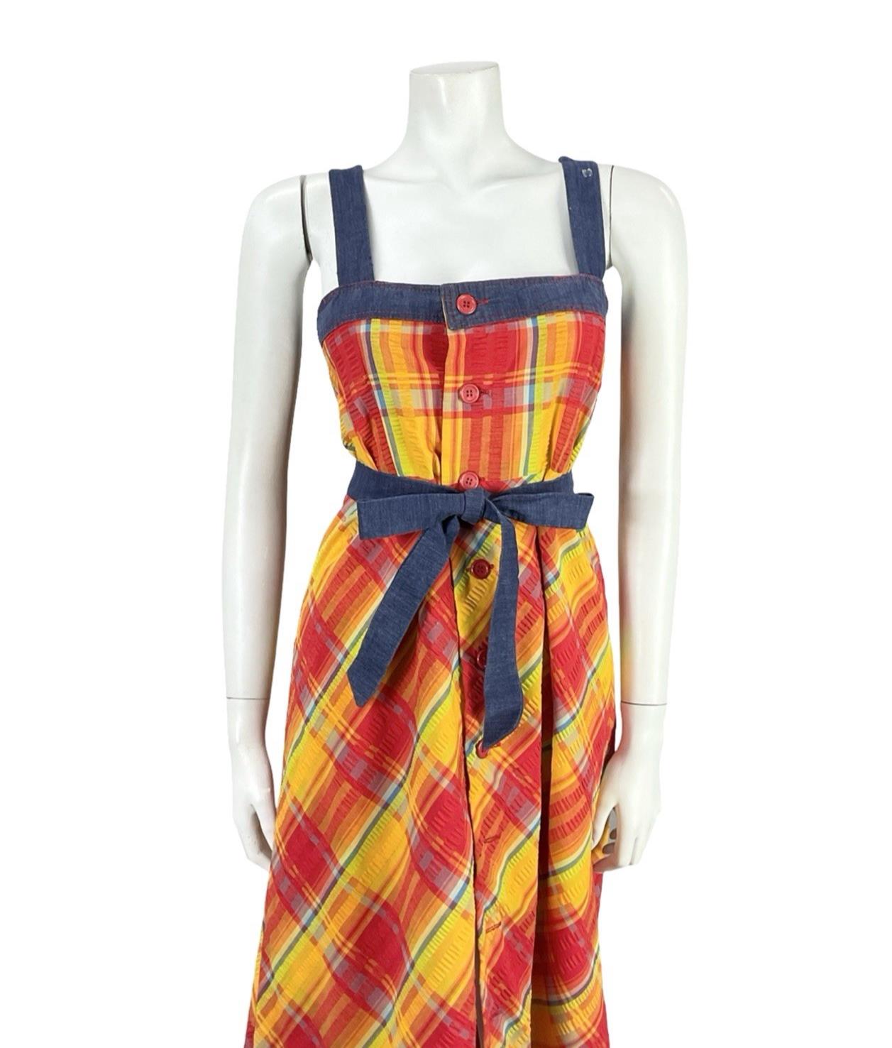 VTG 70S BLUE RED YELLOW TIE WAIST PLAID COTTAGE STRAPPY PINAFORE DRESS 8