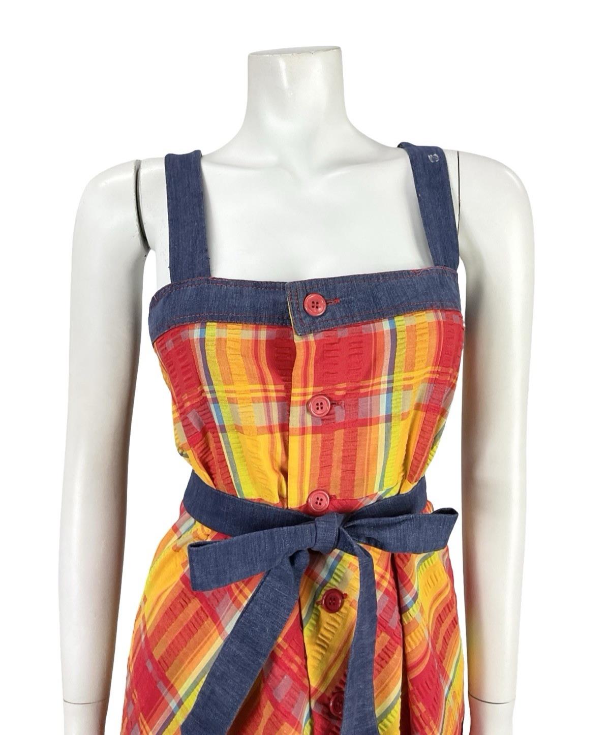VTG 70S BLUE RED YELLOW TIE WAIST PLAID COTTAGE STRAPPY PINAFORE DRESS 8
