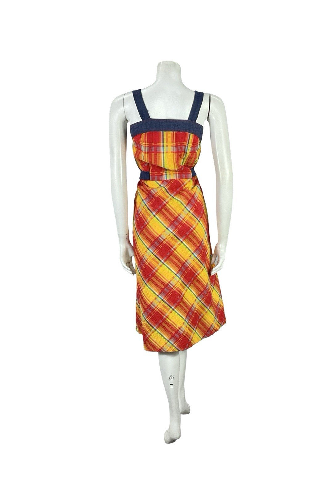 VTG 70S BLUE RED YELLOW TIE WAIST PLAID COTTAGE STRAPPY PINAFORE DRESS 8