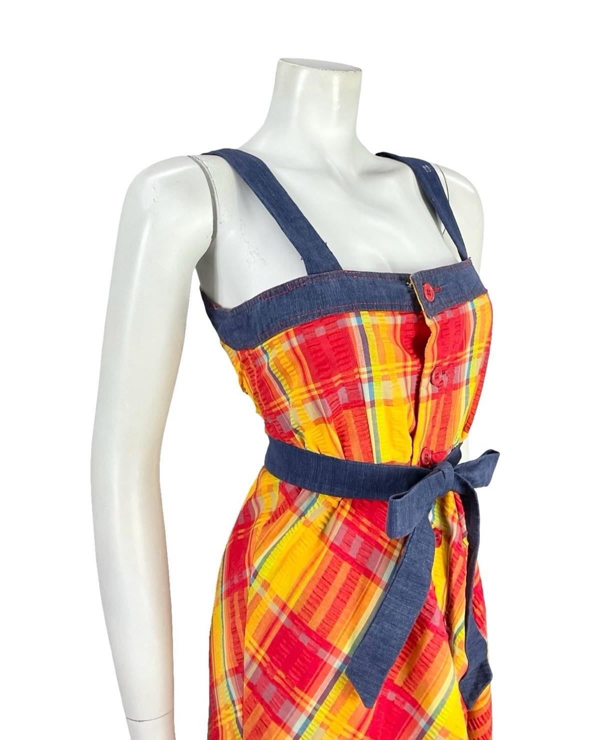 VTG 70S BLUE RED YELLOW TIE WAIST PLAID COTTAGE STRAPPY PINAFORE DRESS 8