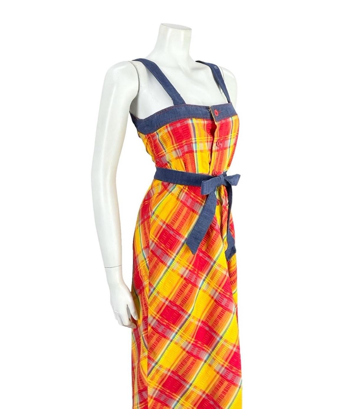 VTG 70S BLUE RED YELLOW TIE WAIST PLAID COTTAGE STRAPPY PINAFORE DRESS 8