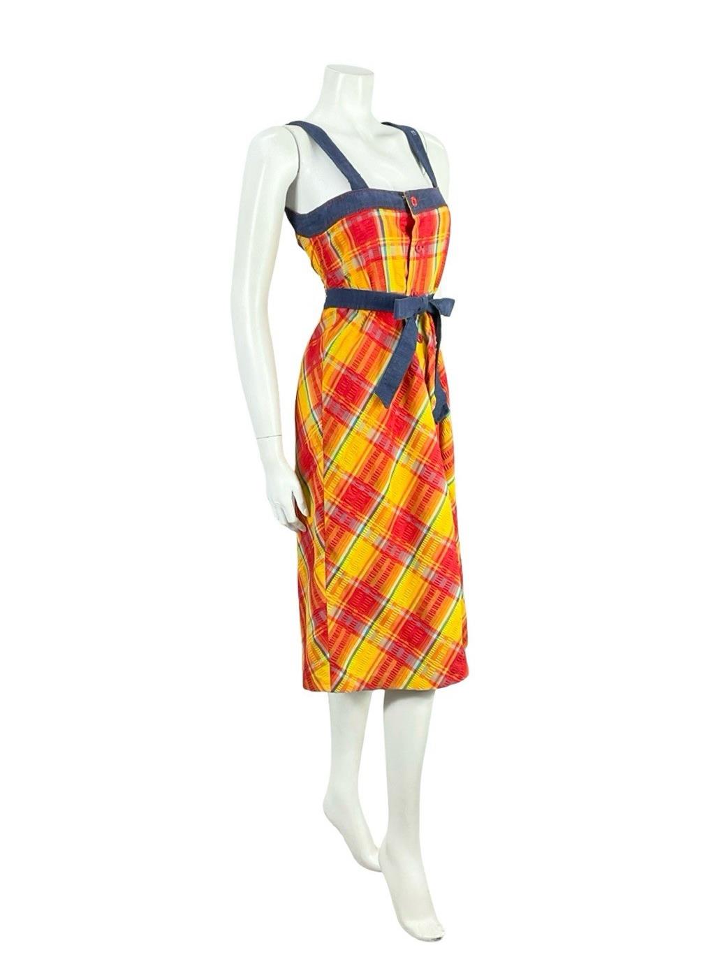 VTG 70S BLUE RED YELLOW TIE WAIST PLAID COTTAGE STRAPPY PINAFORE DRESS 8