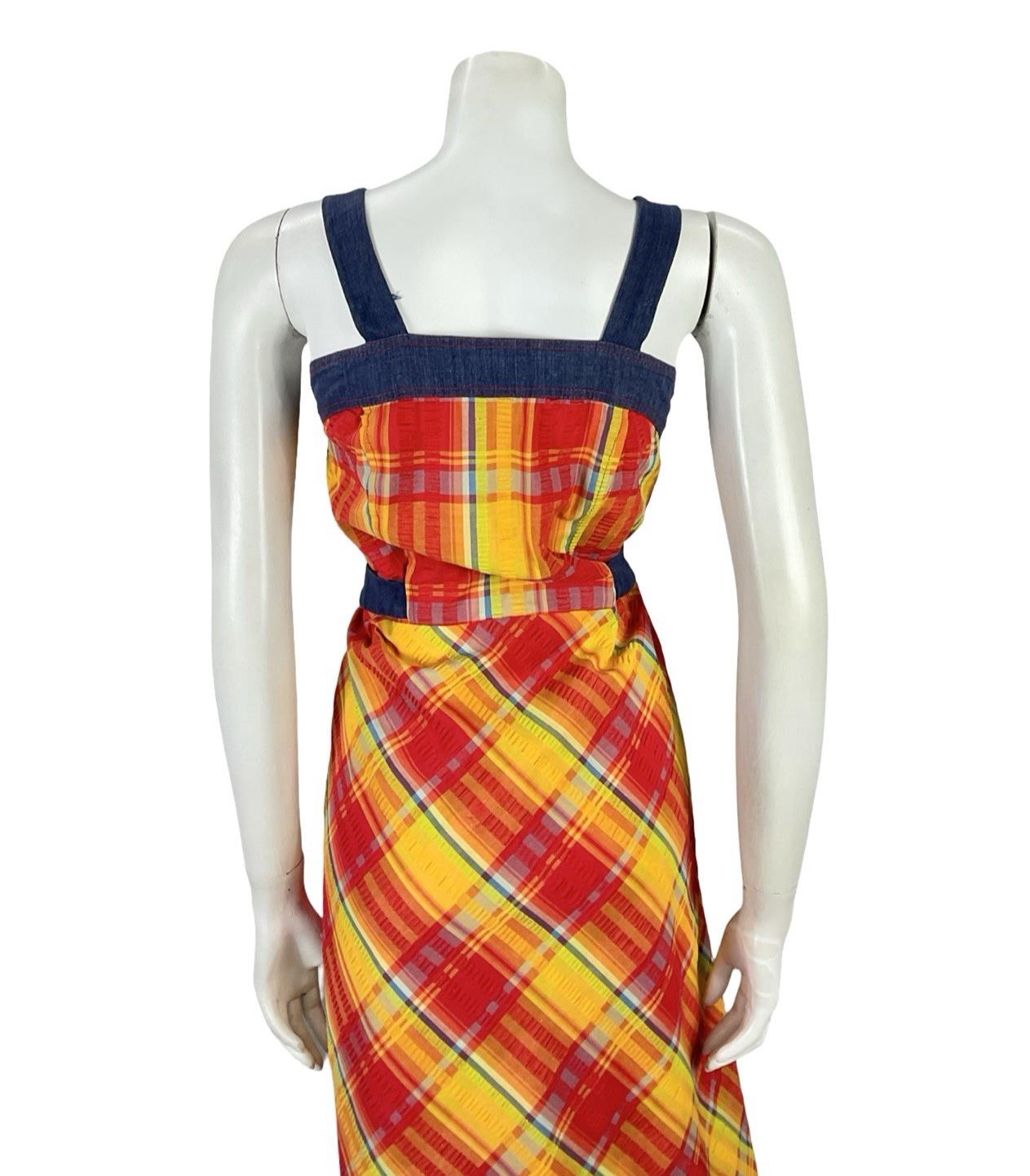 VTG 70S BLUE RED YELLOW TIE WAIST PLAID COTTAGE STRAPPY PINAFORE DRESS 8