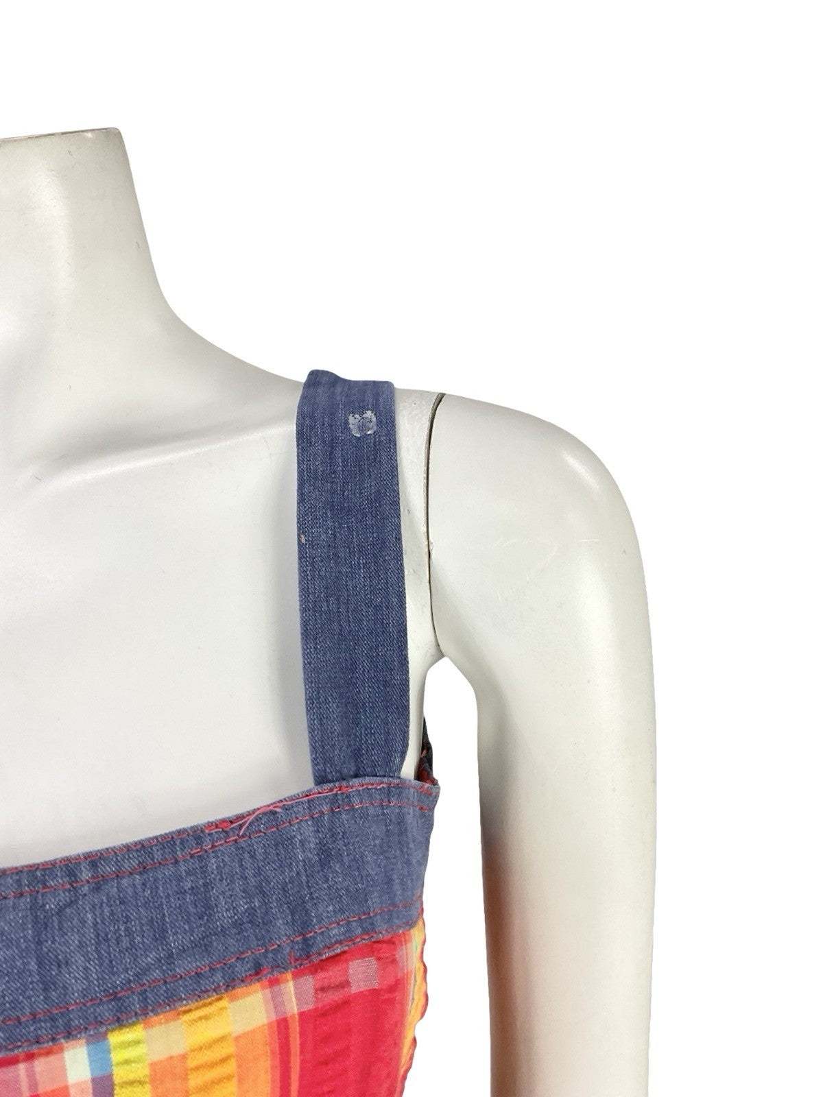 VTG 70S BLUE RED YELLOW TIE WAIST PLAID COTTAGE STRAPPY PINAFORE DRESS 8
