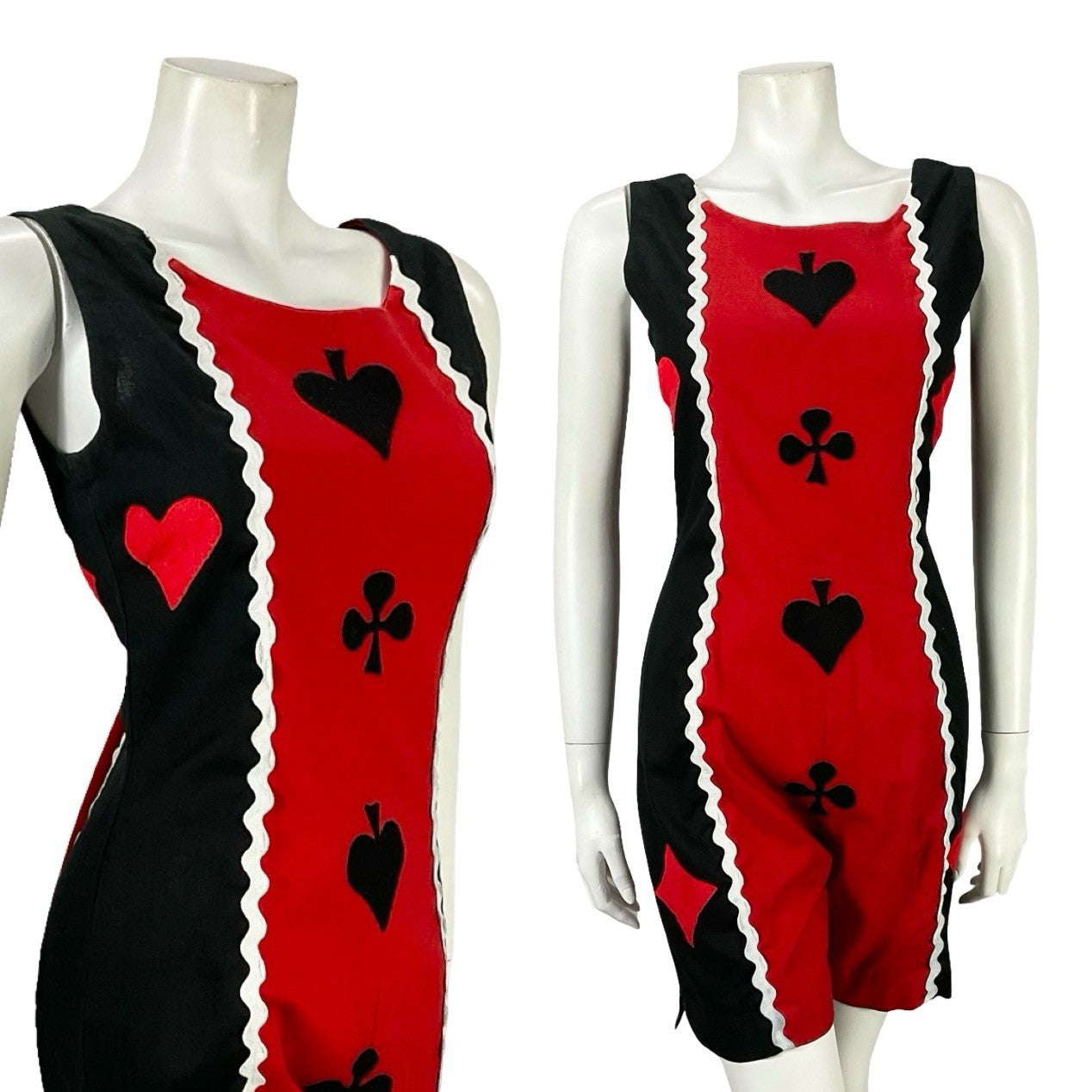 VTG 60S 70S RED BLACK WHITE PLAYING CARDS HARLEY QUINN RIC RAC JUMPSUIT 8 10 S