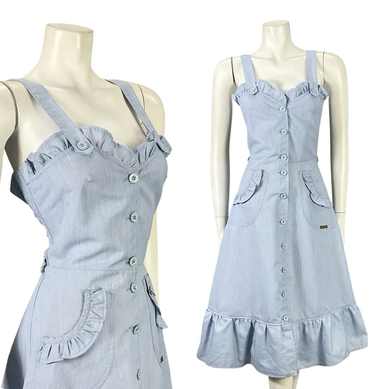 VTG 70S BLUE WHITE PINSTRIPE RIC RAC SWEETHEART RUFFLE STRAPPY SWING DRESS 10