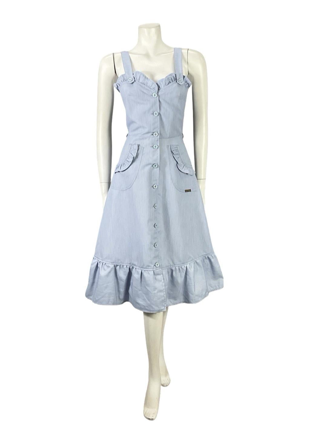 VTG 70S BLUE WHITE PINSTRIPE RIC RAC SWEETHEART RUFFLE STRAPPY SWING DRESS 10