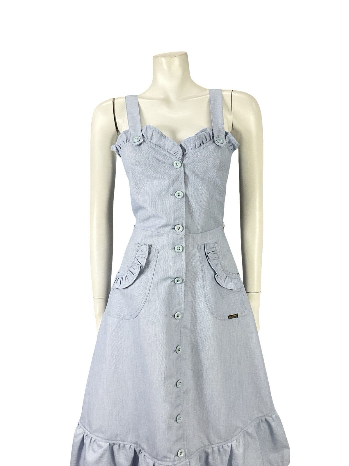VTG 70S BLUE WHITE PINSTRIPE RIC RAC SWEETHEART RUFFLE STRAPPY SWING DRESS 10