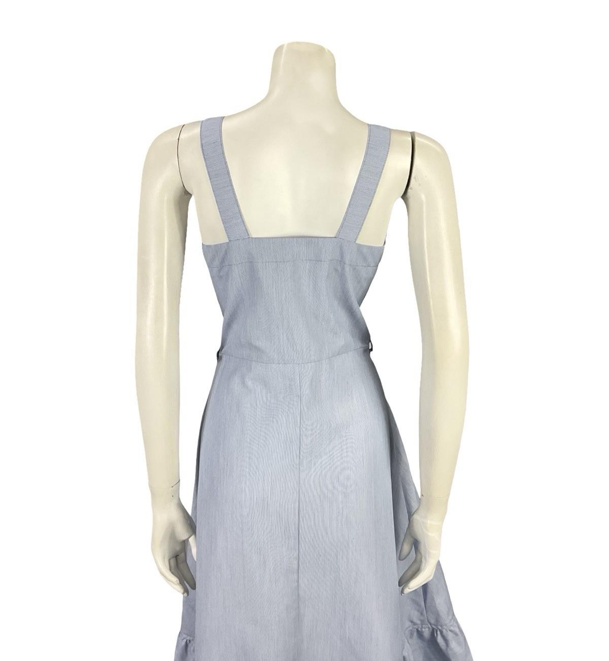 VTG 70S BLUE WHITE PINSTRIPE RIC RAC SWEETHEART RUFFLE STRAPPY SWING DRESS 10